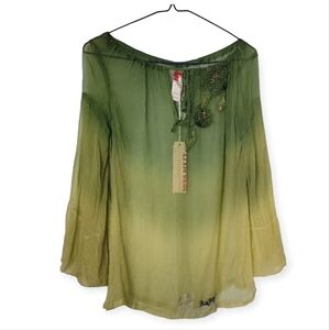 NWT Y2K Miss Sixty Sheer Ombre Chiffon Peasant Blouse green medium Fairycore